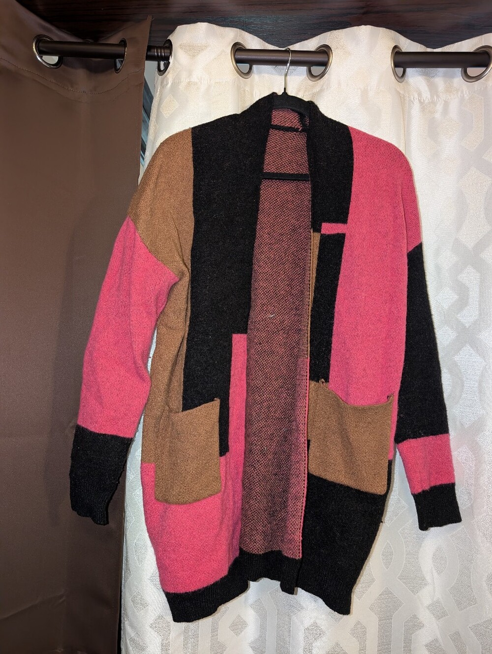 SHEIN Pink Black Brown Colorblock Open-Front Cardigan